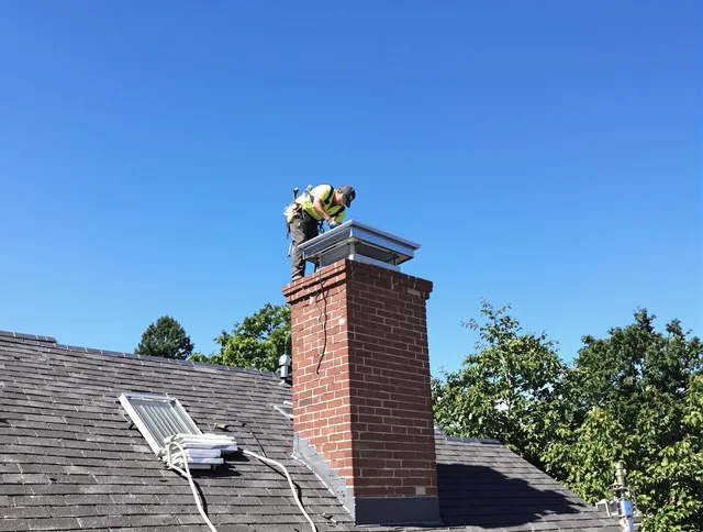 Lewisboro Chimney Sweep technician measuring a chimney cap in Lewisboro, NY