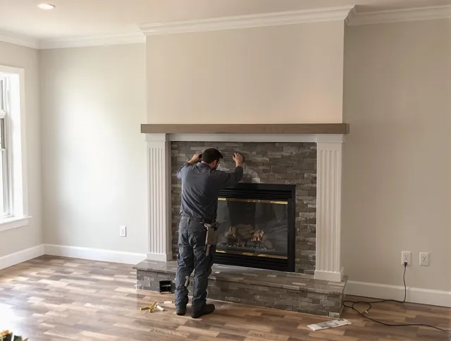 Lewisboro Chimney Sweep finishing a custom fireplace install in Lewisboro, NY